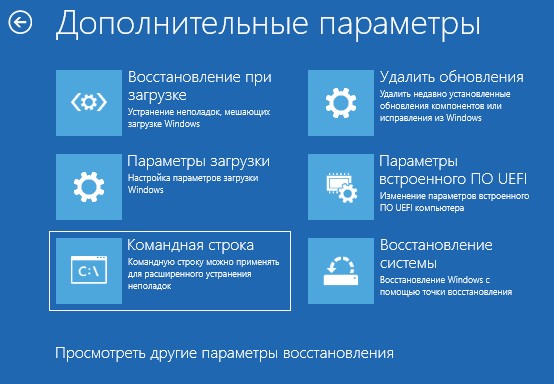 командная строка в дополнительных параметрах загрузки Windows 11
