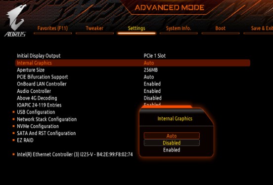 отключение интегрированной графики в uefi aorus