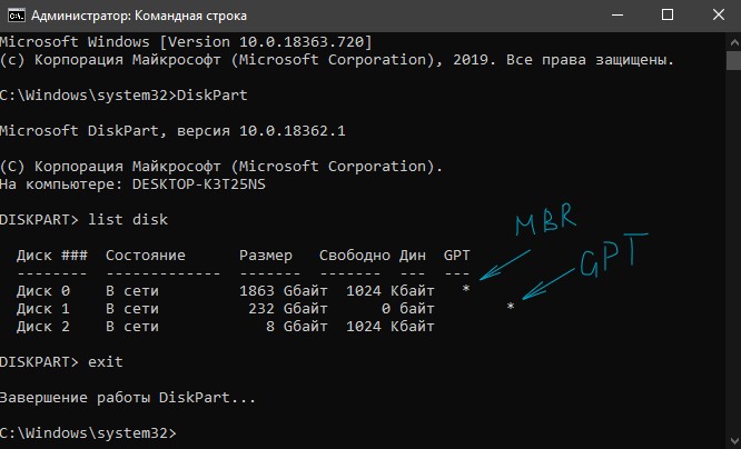 узнать GPT или MBR диск через CMD