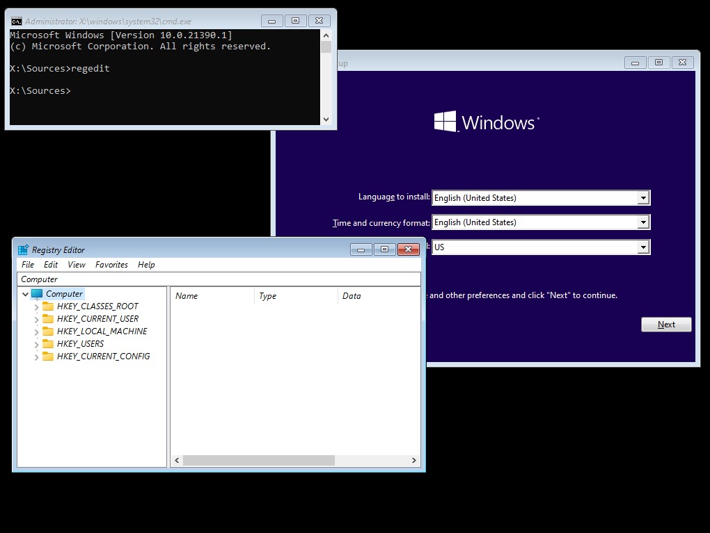 Shift+F10 запуск CMD и реестра при утсановке Windows