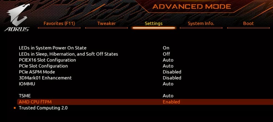 AMD fTPM в BIOS Gigabyte