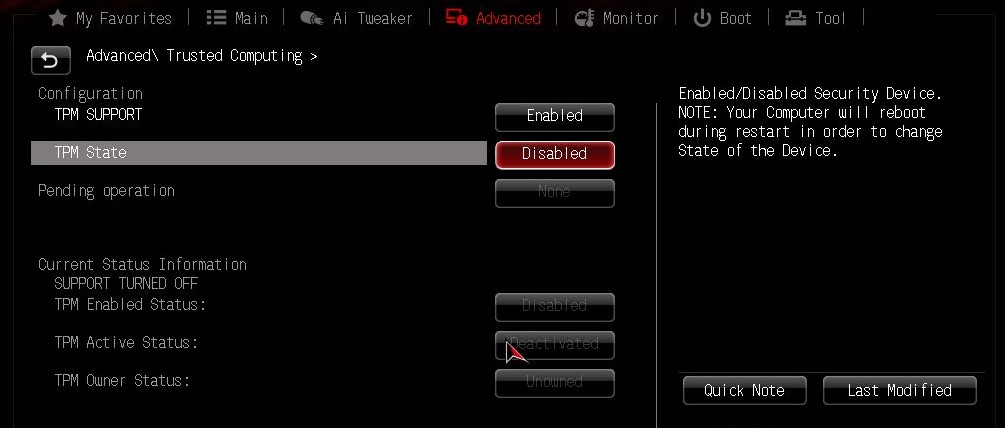 Включение TPM State Asus