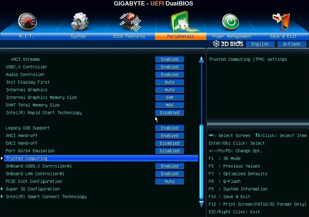 Trusted Computing в BIOS Gigabyte