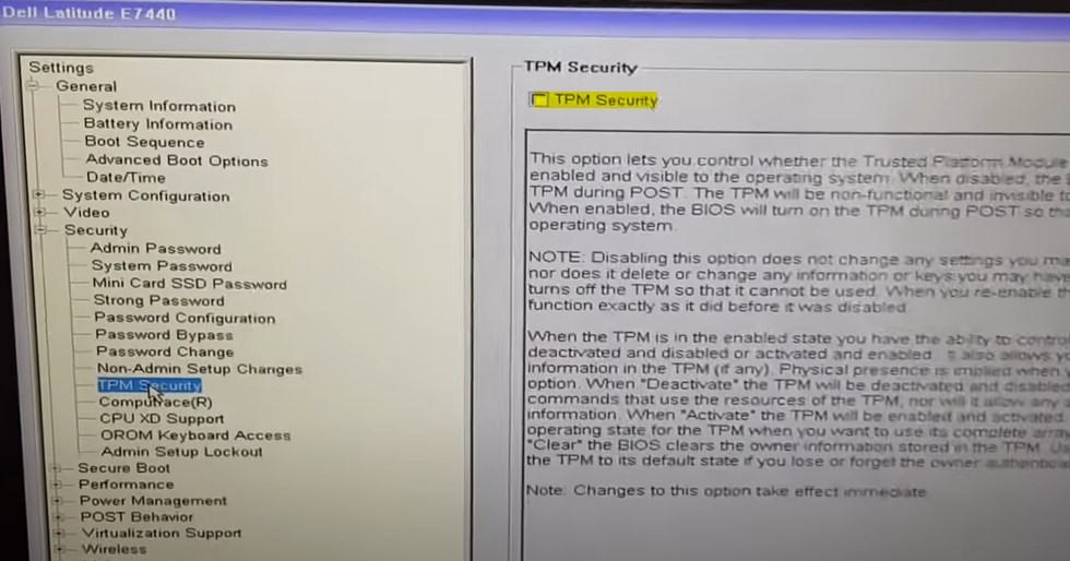 Включение TPM в BIOS ноутбука DELL