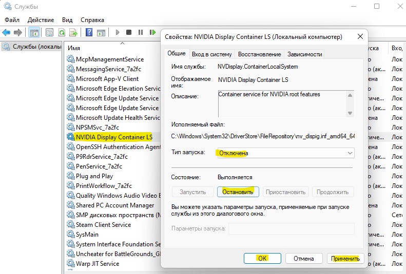 отключить Nvidia Display Container LS