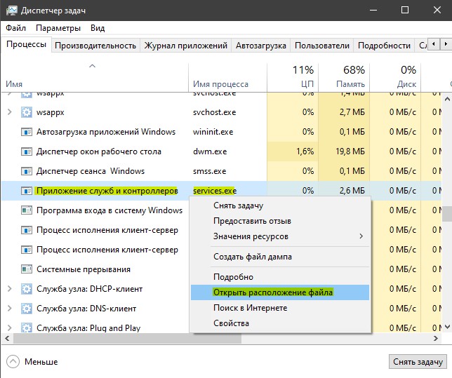 Расположение процесса service.exe
