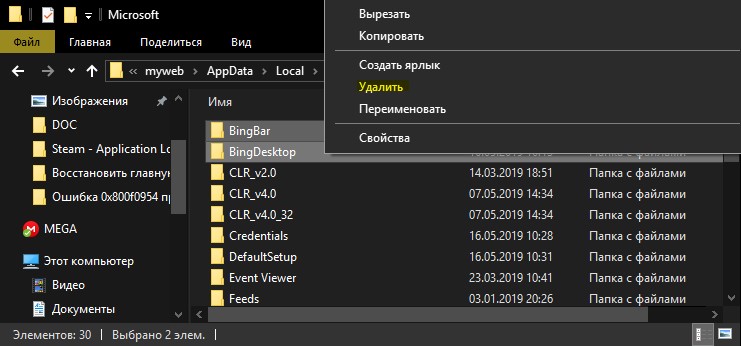 Удалить папки Binbar и BingDekstop
