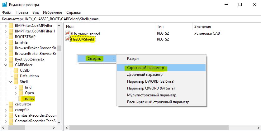 Создать пустой строковый раздел HasLUAShield