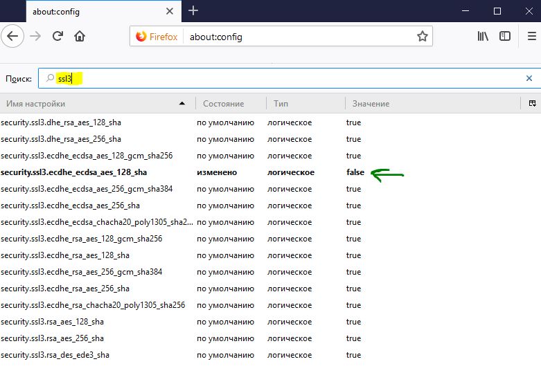 Измененные значения ssl3