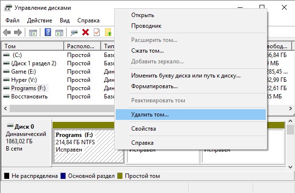 Удалить том