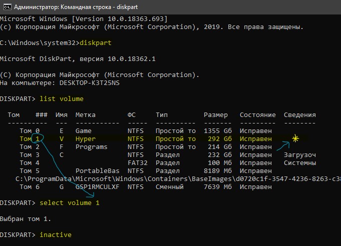 деактивировать активный том в windows