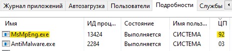 MsMpEng.exe грузит ЦП на 100
