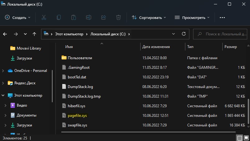расположение файла pagefile.sys