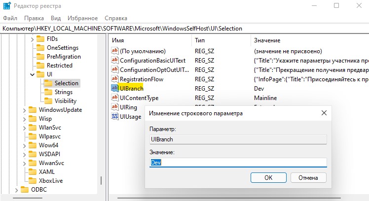 Изменить UIBranch на Dev