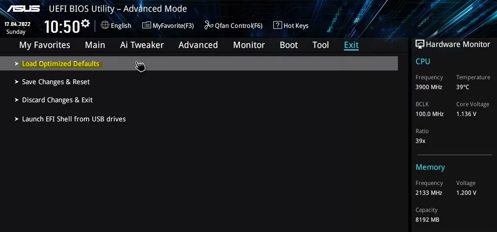 сброс настроек UEFI до заводских