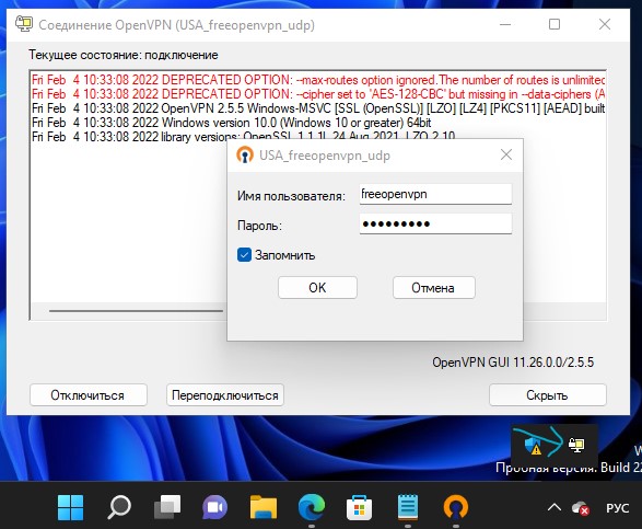 ввести имя и пароль для подлкючения OpenVPN