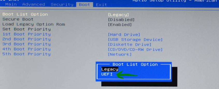 изменить режим загрузки UEFI