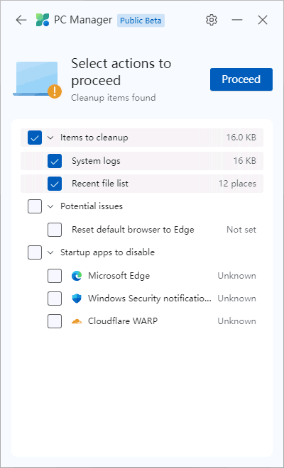 Проверка состояния в Microsoft PC Manager