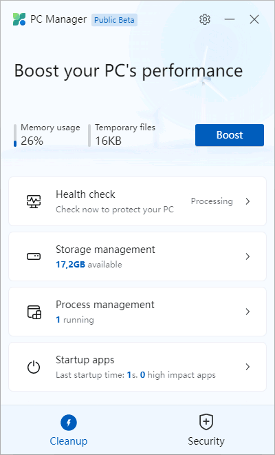 Microsoft PC Manager, вкладка Cleanup