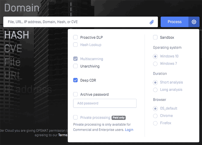 Параметры проверки в metadefender Cloud