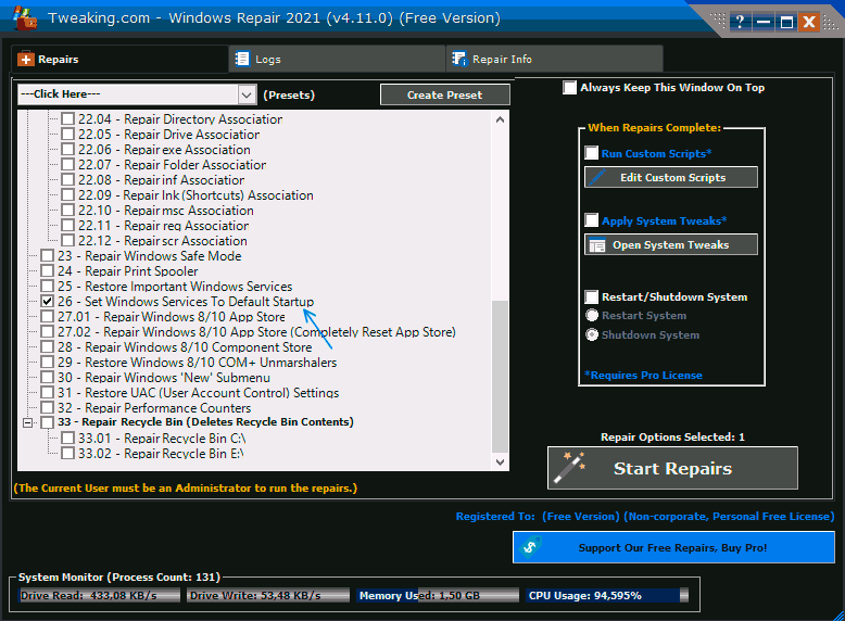 Сброс служб на значения по умолчанию в Windows Repair