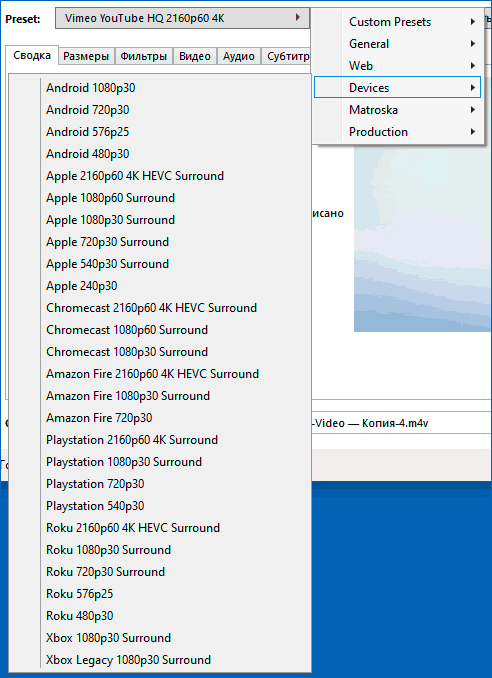 Предустановленные пресеты в HandBrake