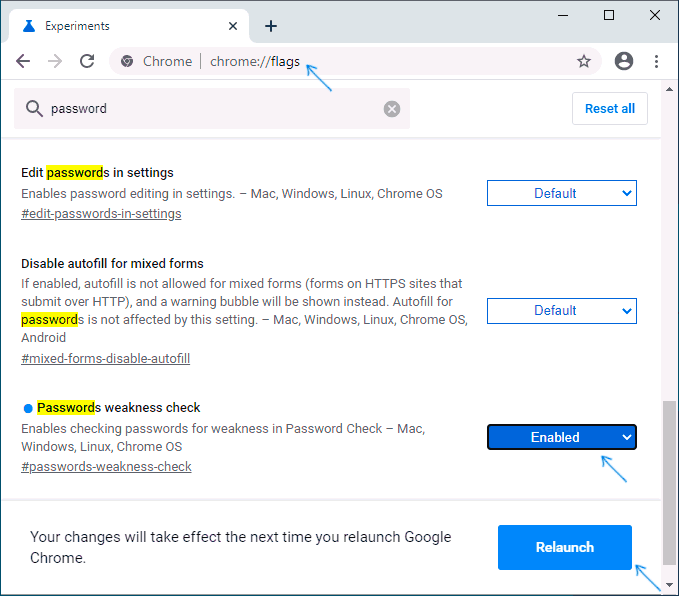 Включить опция Password Weakness Check в Chrome