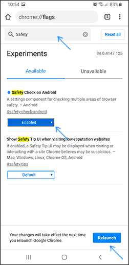 Включить Safety Check on Android в Chrome