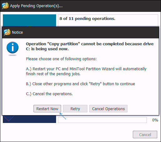 Перезапустить компьютер при клонировании Windows 10