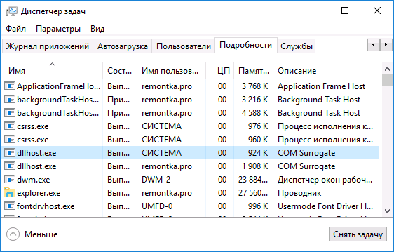 dllhost.exe в диспетчере задач Windows