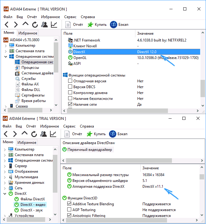 Версия DirectX в программе AIDA64