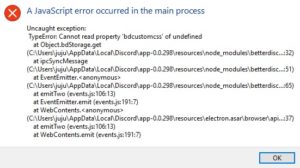 A JavaScript error occurred in the main process