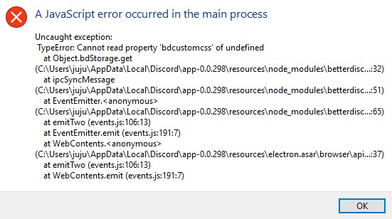 A JavaScript error occurred in the main process