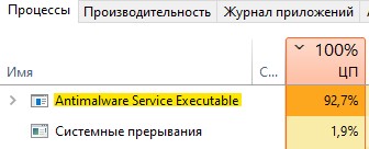 Antimalware Service Executable грузит ЦП на 100
