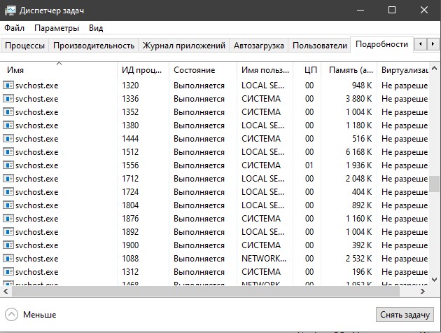запущено много svchost.exe в диспетчере задач