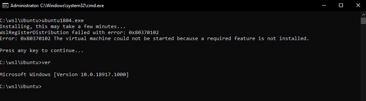 WslRegisterDistribution failed with error: 0x80370102
