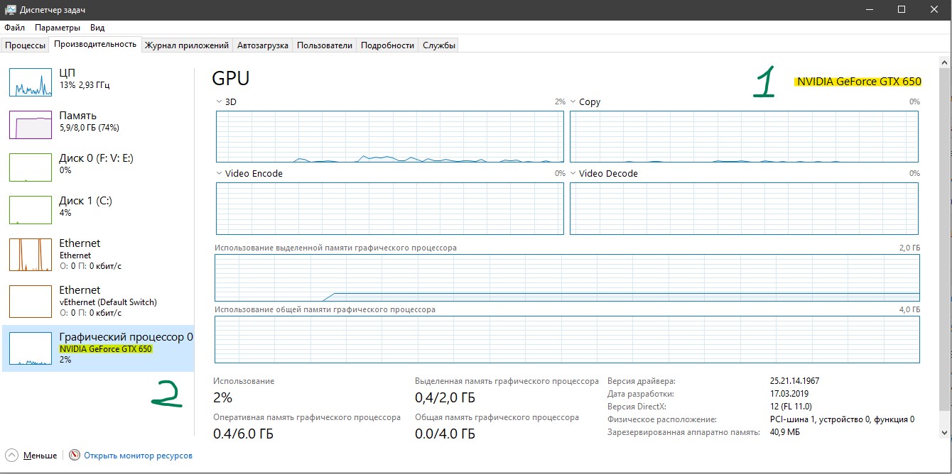 Информация о видеокарте диспетчер задач Windows 10