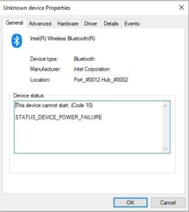 Ошибка STATUS DEVICE POWER FAILURE код 10