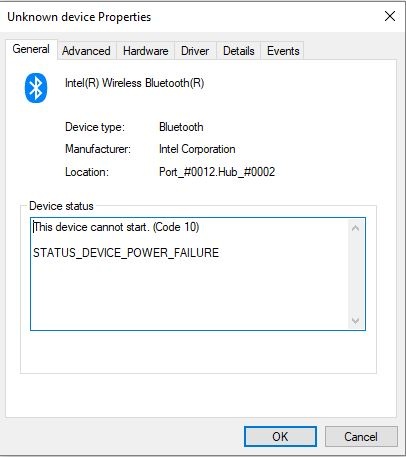 Ошибка STATUS DEVICE POWER FAILURE код 10